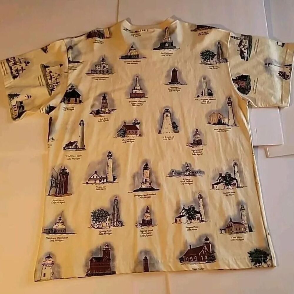 Vintage 90s Y2K Lighthouses of Michigan T-Shirt AOP Size Mens XL  Art Unlimited - Picture 4 of 8